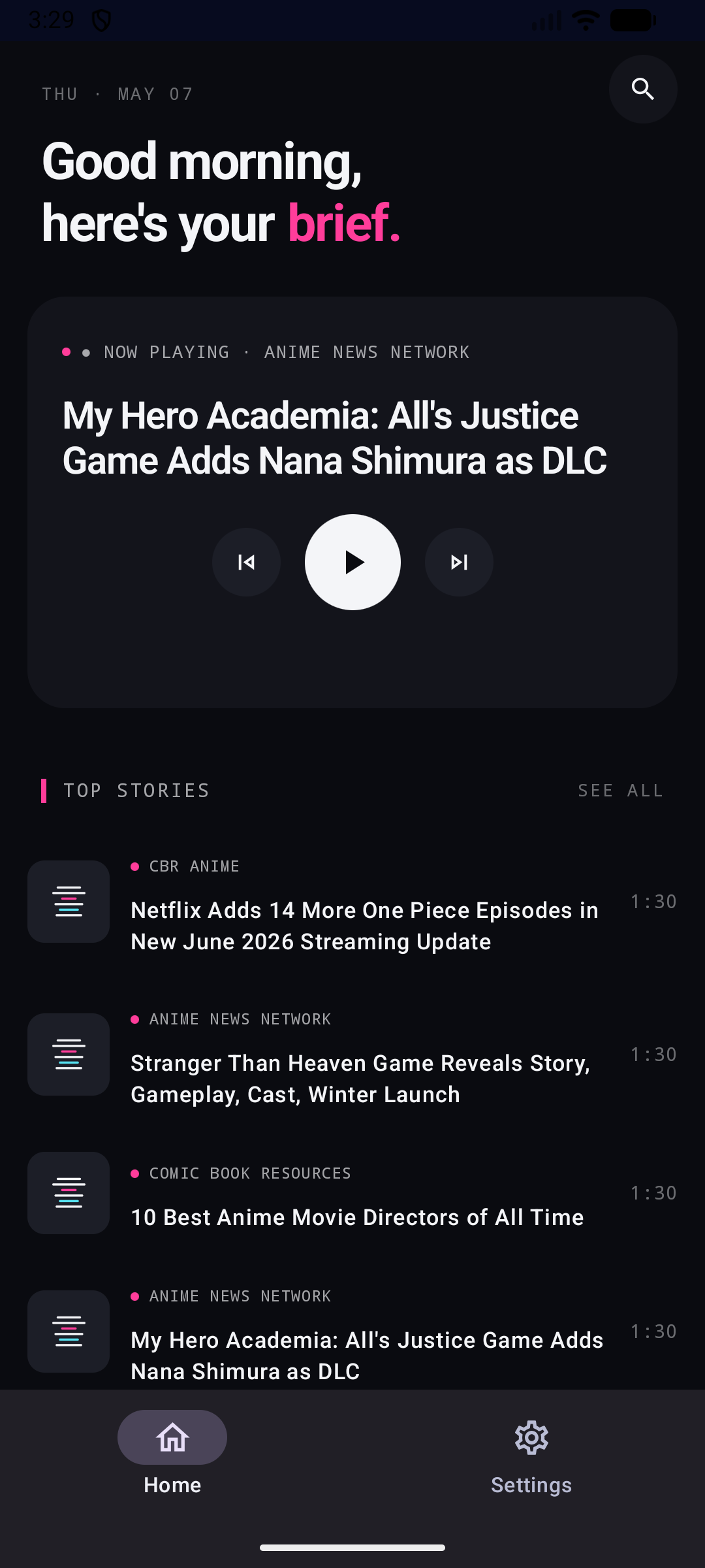 Anime Brief home screen on Android phone