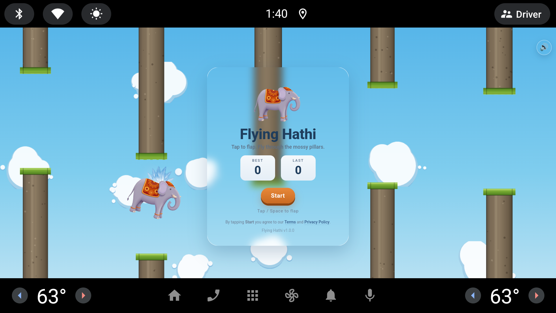 Flying Hathi menu screen on Android Automotive